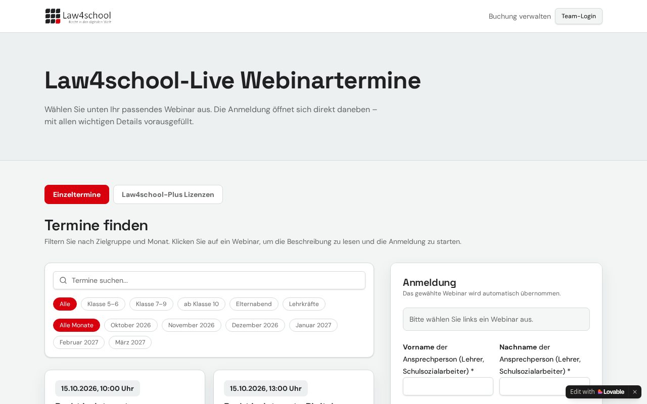 Screenshot: Law4school Webinarbuchung